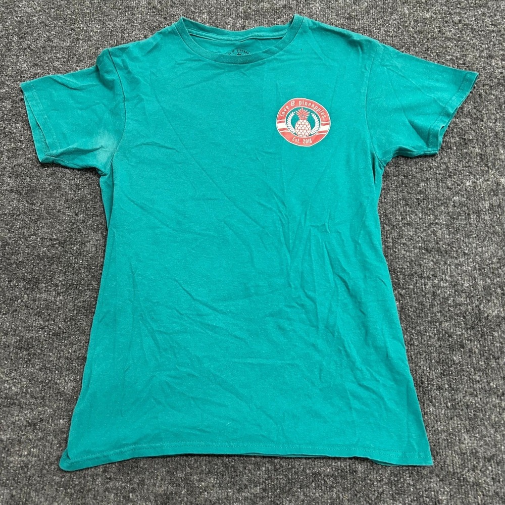 Love & Pineapples T-Shirt Womens Size S Teal Llama Graphic Cotton Short Sleeve